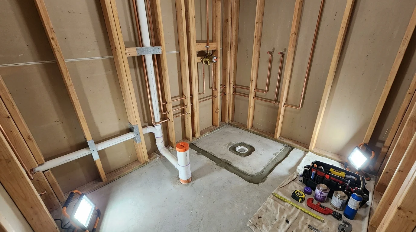 Bathroom rough-in plumbing during remodel by Johns Plumbing LLC in Branson