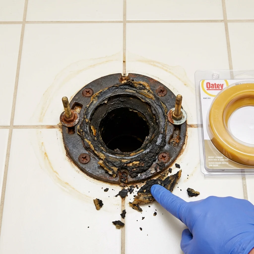Failed wax ring showing water seepage at the base of a toilet in a Branson, MO home