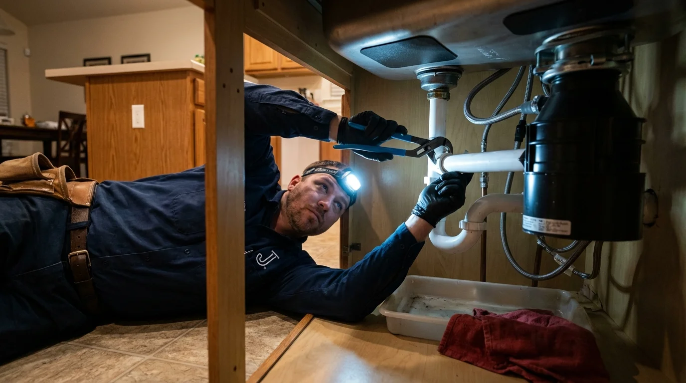P-trap and supply line connections under a kitchen sink showing a common leak point in Branson, MO